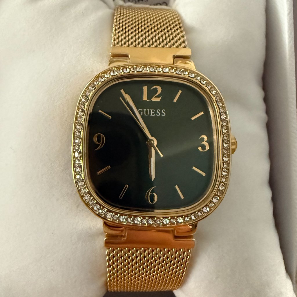 GoldTone And Green Mesh Analog Watch